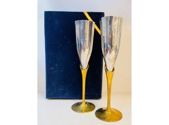 Vintage Brass Tulip & Silver Tone Champagne Flutes In Box
