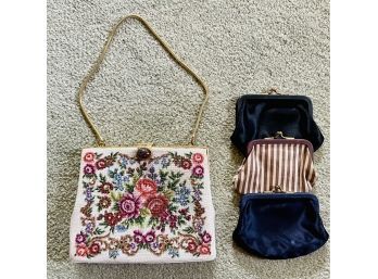 Vintage Fine Needlepoint Ladies Evening Bag & 3 Small Change Purses