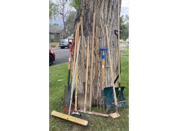 Assortment Of Yard Tools Including Rakes, Push Broom, And More