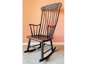 Early Antique Colonial Style Wood Rocking Chair With Painted Details