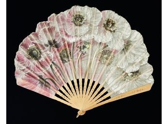 Lovely Vintage Hand Painted Silk Fan With Scalloped Edge