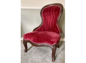 Antique Victorian Carved Parlor Armless Chair Tufted Back Red Velvet