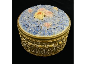 Ornate German Porcelain Powder Box With Intricate Floral Lid