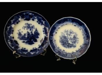 2 Antique Flow Blue White English Stoneware Chinoiserie Plates
