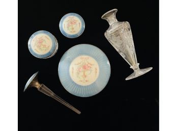 Lovely Antique Sterling Silver & Blue Enamel Vanity Items With Crystal Dishes & Perfume Bottle 2 Lids