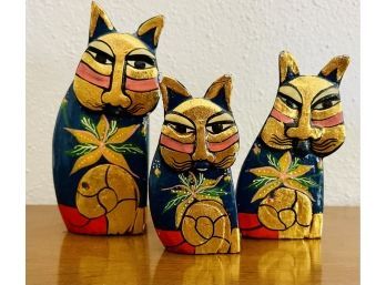 3 Decorative Hand Painted Wood Cats In 3 Sizes
