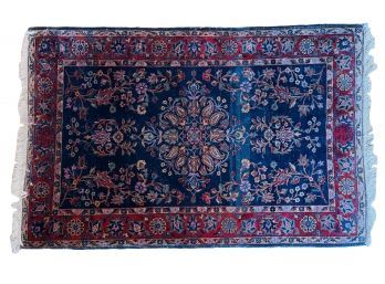 Very Fine Vintage Hand Woven Wool Area Rug Navy Red