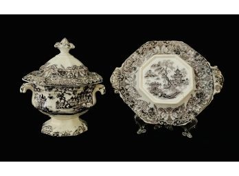 Antique 1850-1860 Chinoiserie Staffordshire Stoneware Mini Tureen With Lid & Small Dish Black Transfer Ware