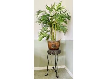 Faux Plant In Wood Basket On Metal Stand