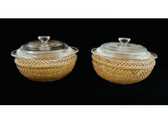 2 Vintage Covered Fire King Bakeware With Woven Holders