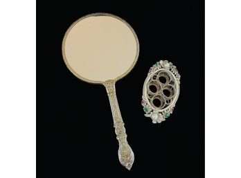 Vintage Vanity Items With Handheld Mirror & Lipstick Holder