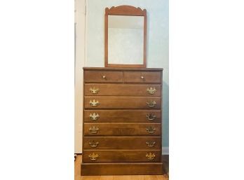 Vintage Midcentury Solid Hard Rock Maple Chest Of Drawers With Brass Hardware & Mirror