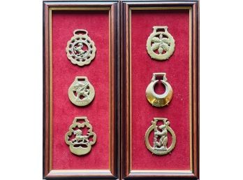 2 Framed Antique Solid Brass Horse Medallions
