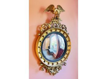Antique Federal Style Gilt Framed Convex Mirror With Eagle Detailing