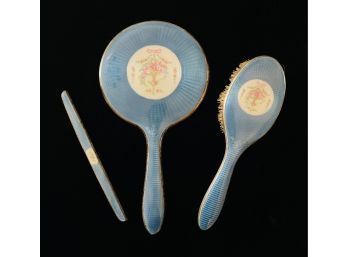 Lovely Antique Sterling Silver & Blue Enamel Work Vanity Set With Hand Mirror Brush & Comb Spine-No Comb