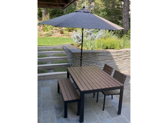 5 Piece Patio Set Includes Table, Bench, Umbrella And 2 Chairs