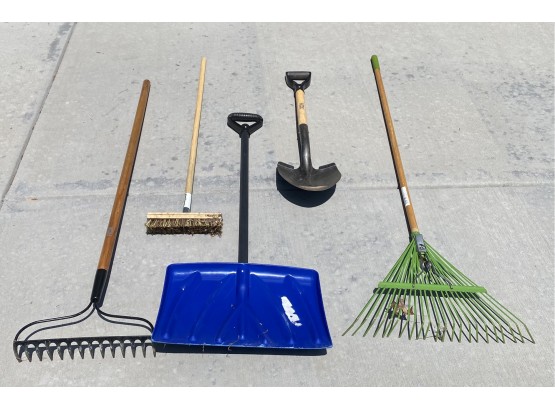 Lot Of 5 Garden Tools Including Rakes And Shovels