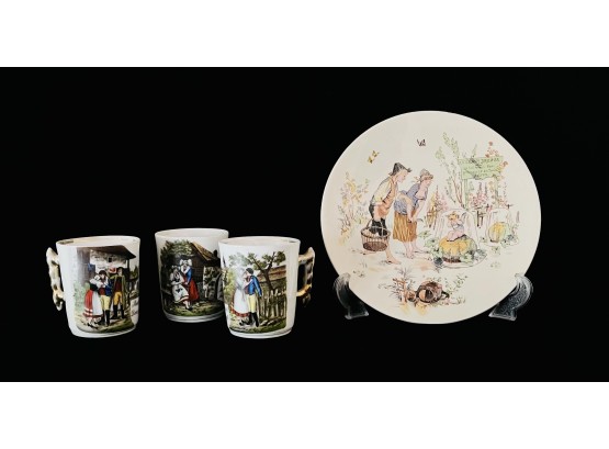 3 Handpainted Mugs And Plate From The Czech Republic