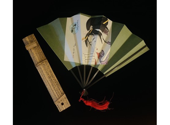 Geisha Hand Paper Fan With Wooden Holder And Box