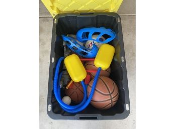 Plastic 27 Gallon Tote Full Of Outdoor Fun With Basketballs, Soccer Balls And More