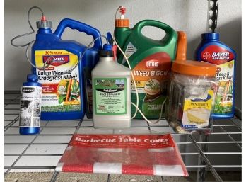 Lot Of Garden Chemicals And Plastic Bbq Table Cover