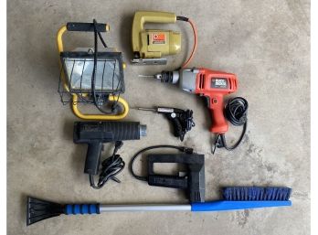 Small Lot Of Garage Tools Including Drill, Flood Light And More