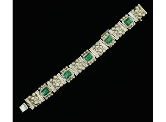 Sterling Silver Malachite Segmented Bracelet Taxco Mexico
