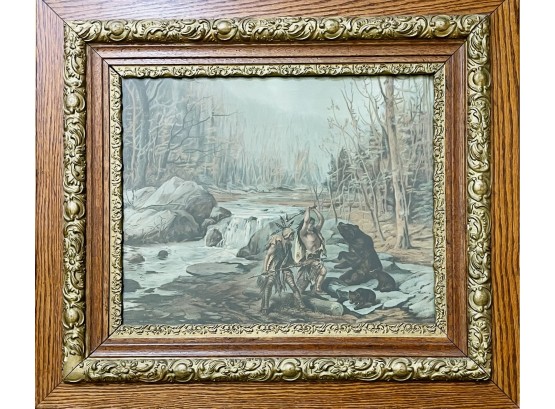 Victorian Chromolithograph Of Native Americans Hunting