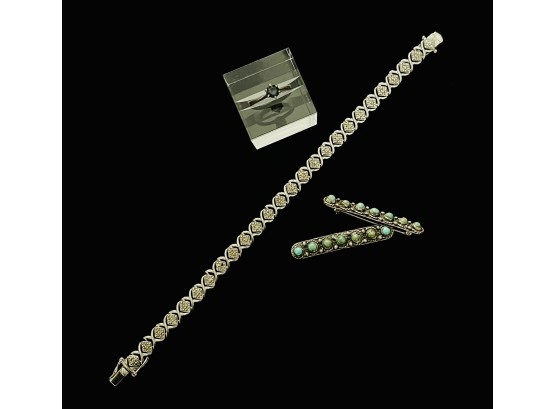 3 Piece Of Sterling Silver Jewelry W/ring, Bracelet And Pins