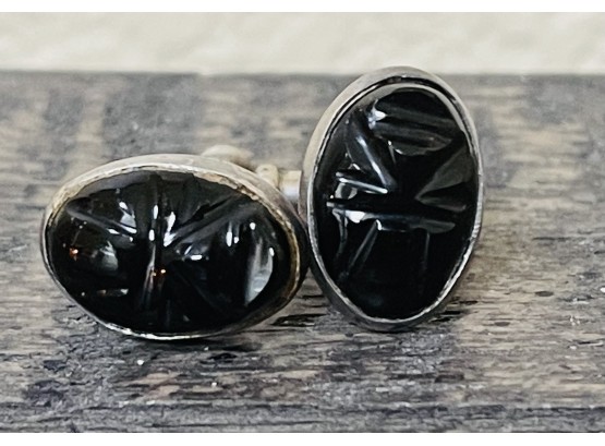 Marked Sterling Obsidian Taxco Mexico Cuff Links