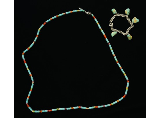 Multi Color Bead Strand And Turquoise Stone Bracelet