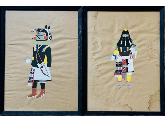 2 Unsigned Original Paintings Hopi Kachina Dancers
