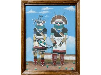 Acrylic On Board 'zuni Antelopee & Turkey Dancers By Emmet Kiyite- 1997