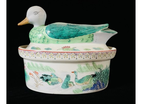 Vintage Hand Painted Asian Ceramic Green Duck Tureen