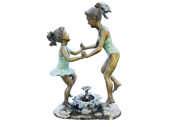 Bronze Lost Wax Method Garden Sculpture With Fountain Feature Featuring 2 Girls Holding Hands Playing In Fount