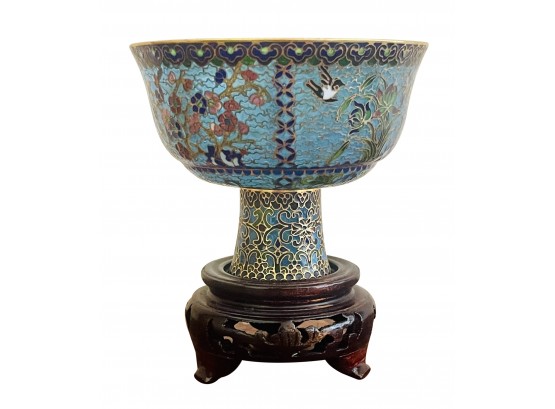 Small Asian Reverse  Glass & Cloisonne Painted Bowl On Wood Stand