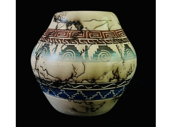 Signed Navajo Horsehair Vase By Marjorie Joe