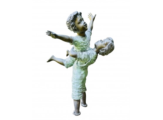 Bronze Lost Wax Method Garden Sculpture Boy Holding Up Friend