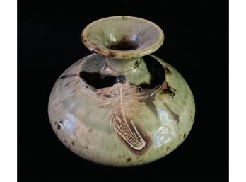 Signed Clay Art Pottery Vase With Feather Accent