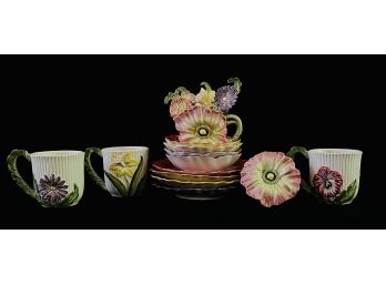 17 Pcs Vintage Fitz & Floyd Floral Design Set With 3 Mugs 4 Snack Plates & More