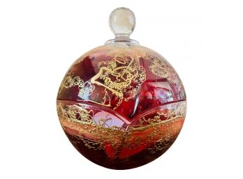 Austrian Art Glass Lidded Candy Dish Hand Painted With Gold Accents