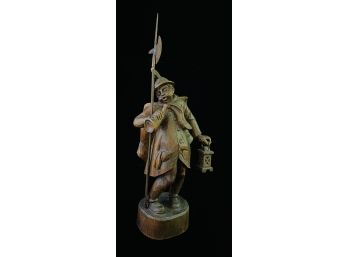 Vintage German Carved Wood Figure Guard With Horn & Lantern