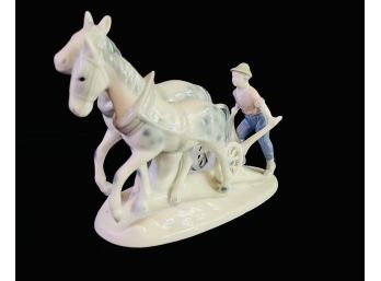 Vintage West Germany Porcelain Man With Horses Plowing Figurine
