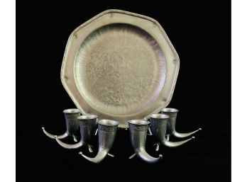 Vintage Pewter Nordic Horn Shaped Shot Glasses With Tin Tray