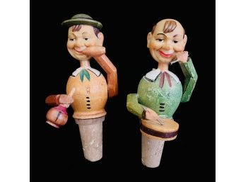 Vintage Carved Hand Painted Wood Bottle Stoppers From Italy With Moveable Arms