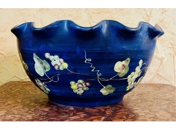 Handmade Blue Clay Pottery Bowl With Ruffled Edge