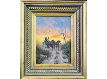 Wonderful Signed Original Oil Painting On Canvas 'Pioneer Twilight' In Gilt Frame