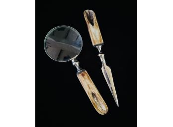 Stag Horn Handled Desk Tools With Magnifying Glass & Letter Opener