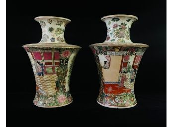 Pair Vintage Hand Painted Porcelain Chinese Vases With Red Ink Stamp Mark