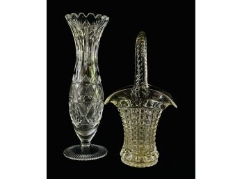 Vintage Pressed Glass Lot With Vase & Basket